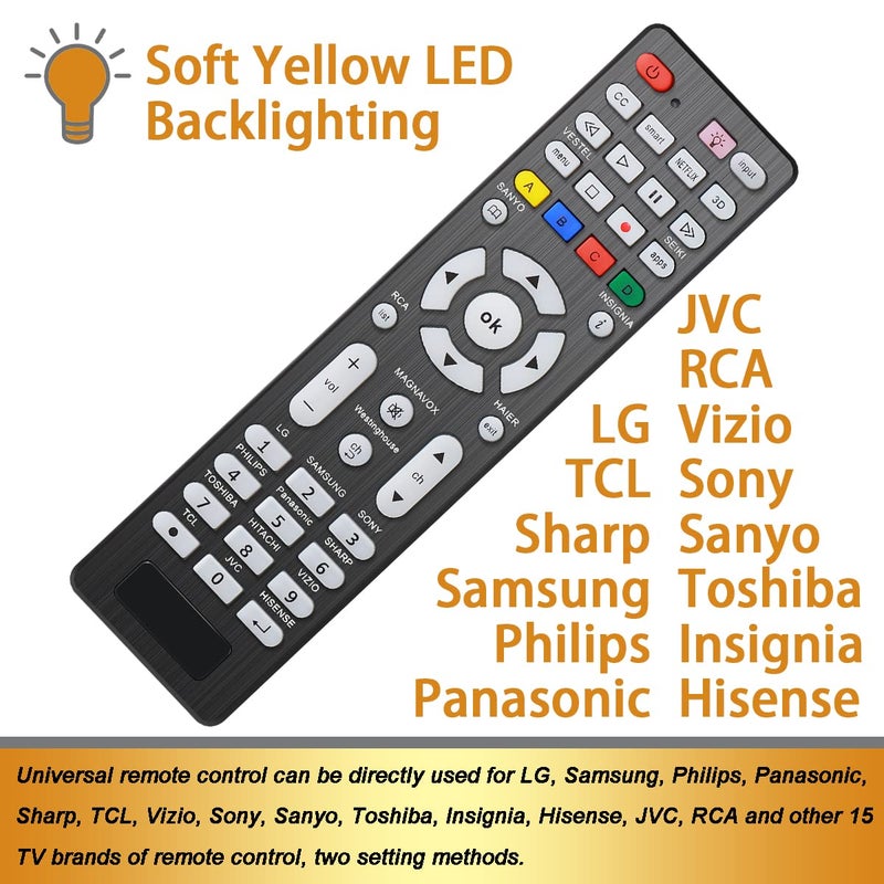AZMKIMI 2 PCS Universal TV Remote Control with Light-Up-Button Compatible with LG, Samsung, Philips, Panasonic, Sharp TCL, Vizio, Sony, Sanyo, Toshiba, Insignia, Hisense, JVC, RCA Brands LCD LED 3D TV Remote - Image 4